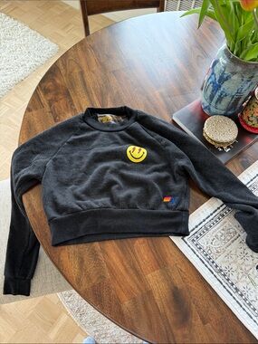 Aviator Nation Grey Women's Crewneck Sweater with Smiley Patch